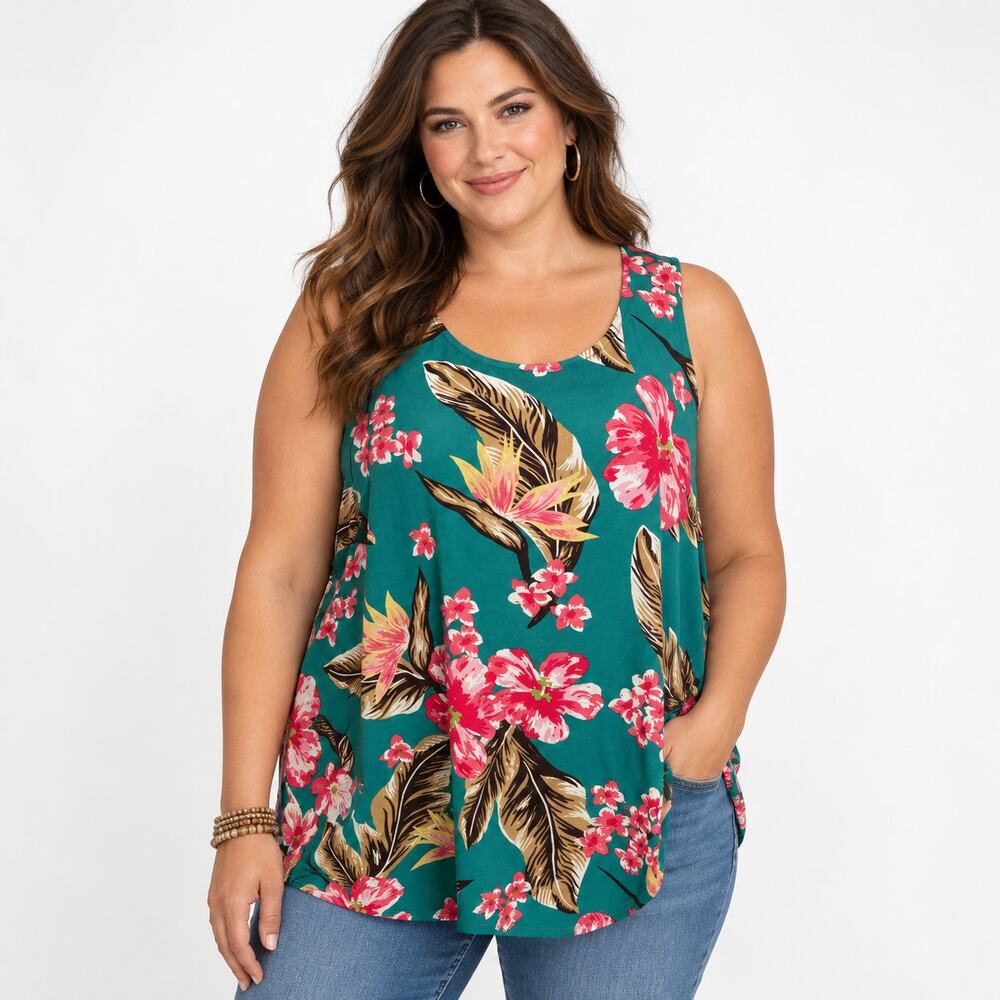 Catherines Tropical Top Womens 2X Teal Pink Floral Sleeveless Aloha Tank